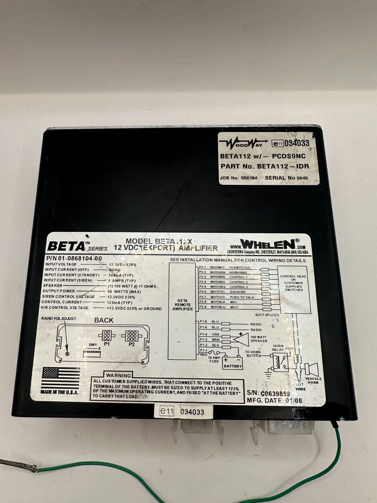 Whelen BETA 112R - 12 VDC Remote Amplifier